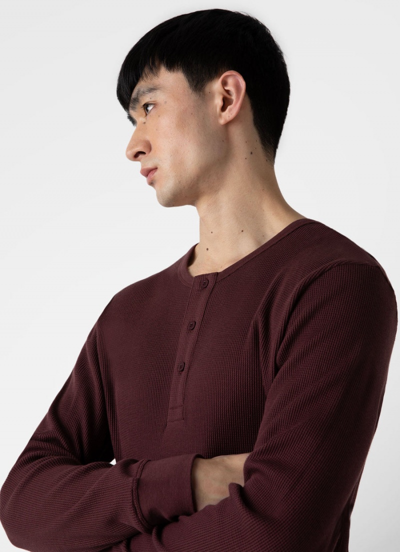 Red Sunspel Long Sleeve Waffle Henley | 89561-LREZ | USA