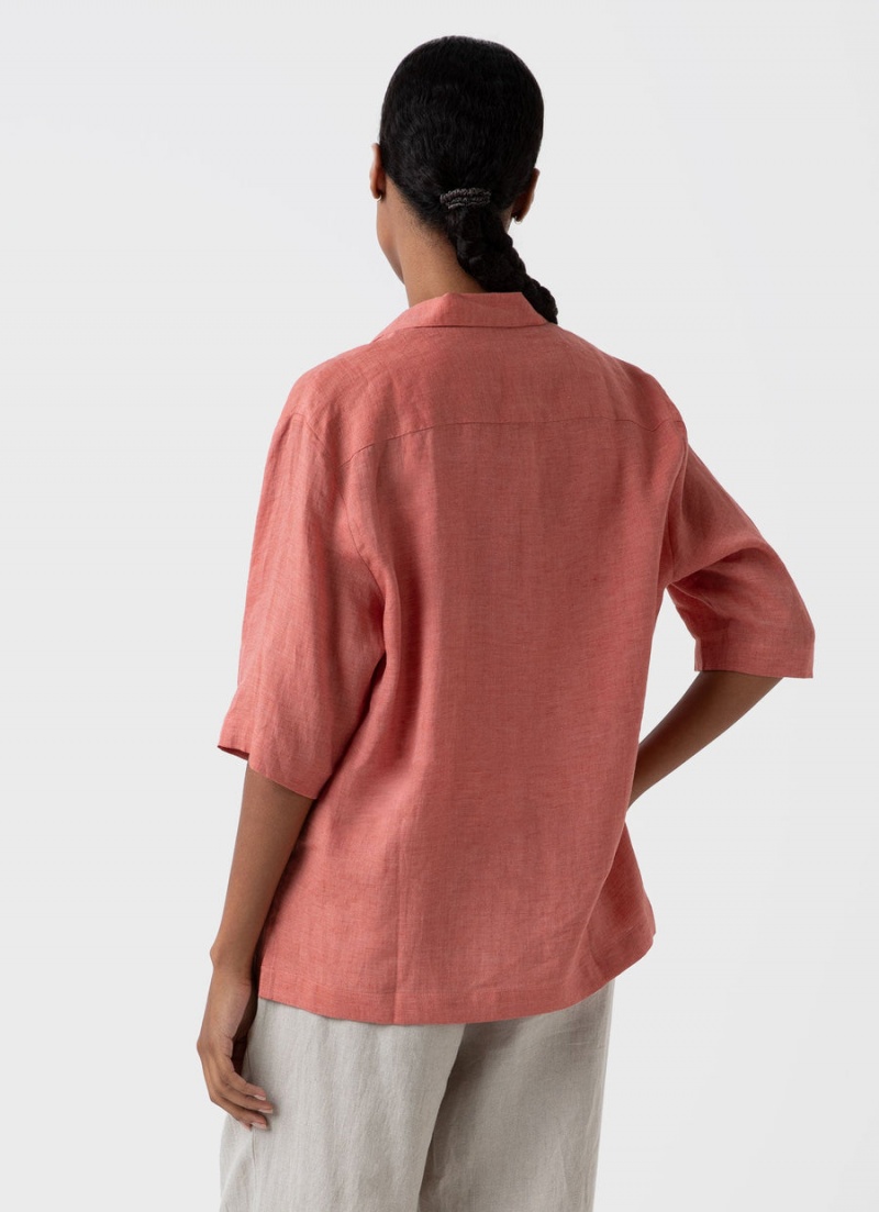 Red Sunspel Short Sleeve Linen Shirt | 82936-CFZM | USA