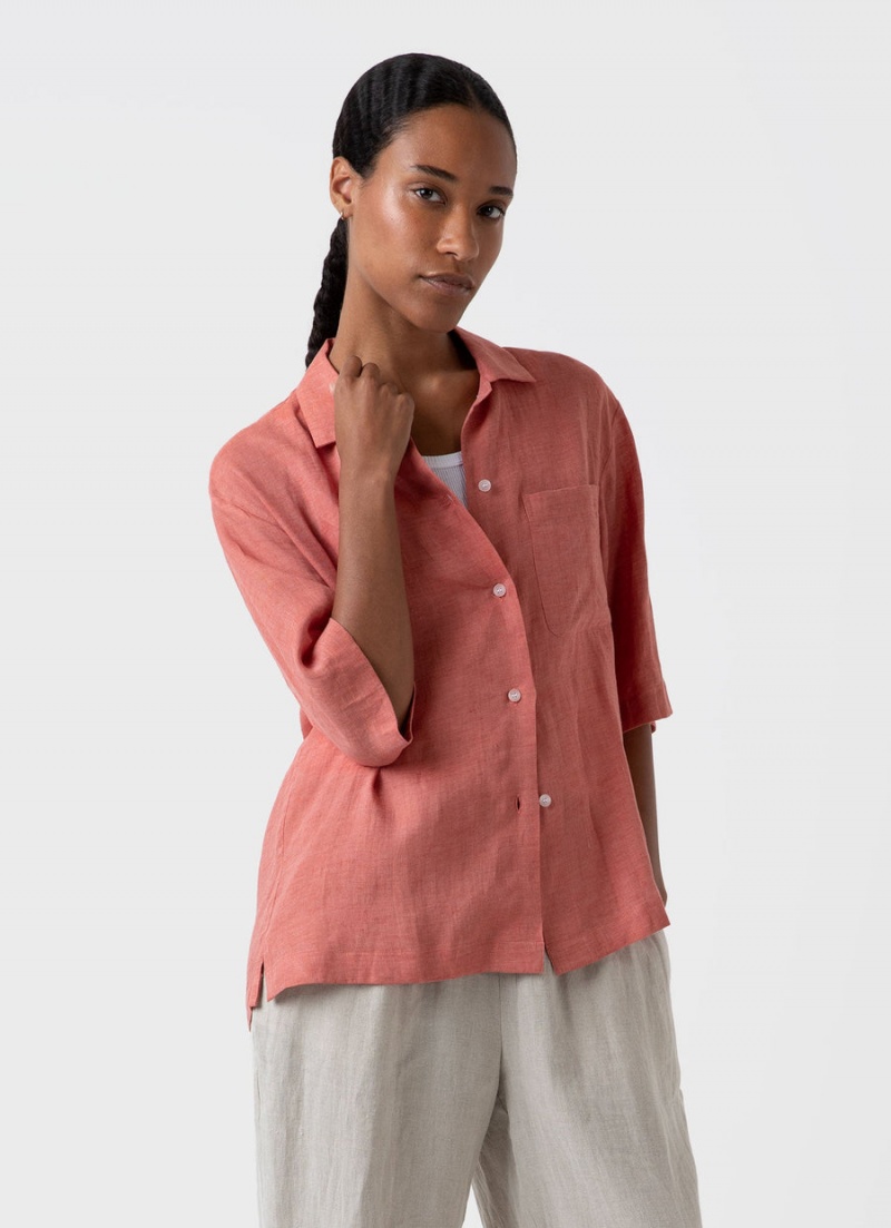 Red Sunspel Short Sleeve Linen Shirt | 82936-CFZM | USA