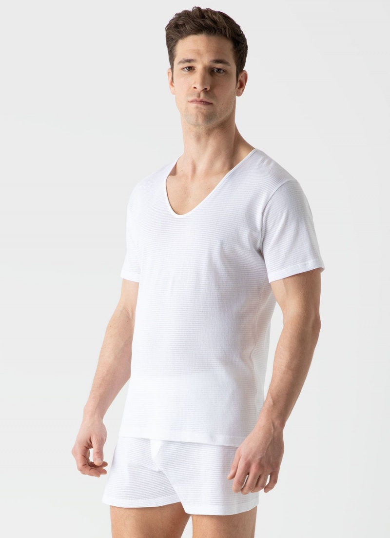 White Sunspel Cellular Cotton V‑Neck Underwear T-shirt | 17928-RZUA | USA