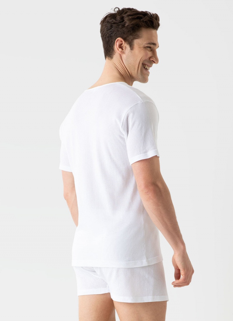 White Sunspel Cellular Cotton V‑Neck Underwear T-shirt | 17928-RZUA | USA