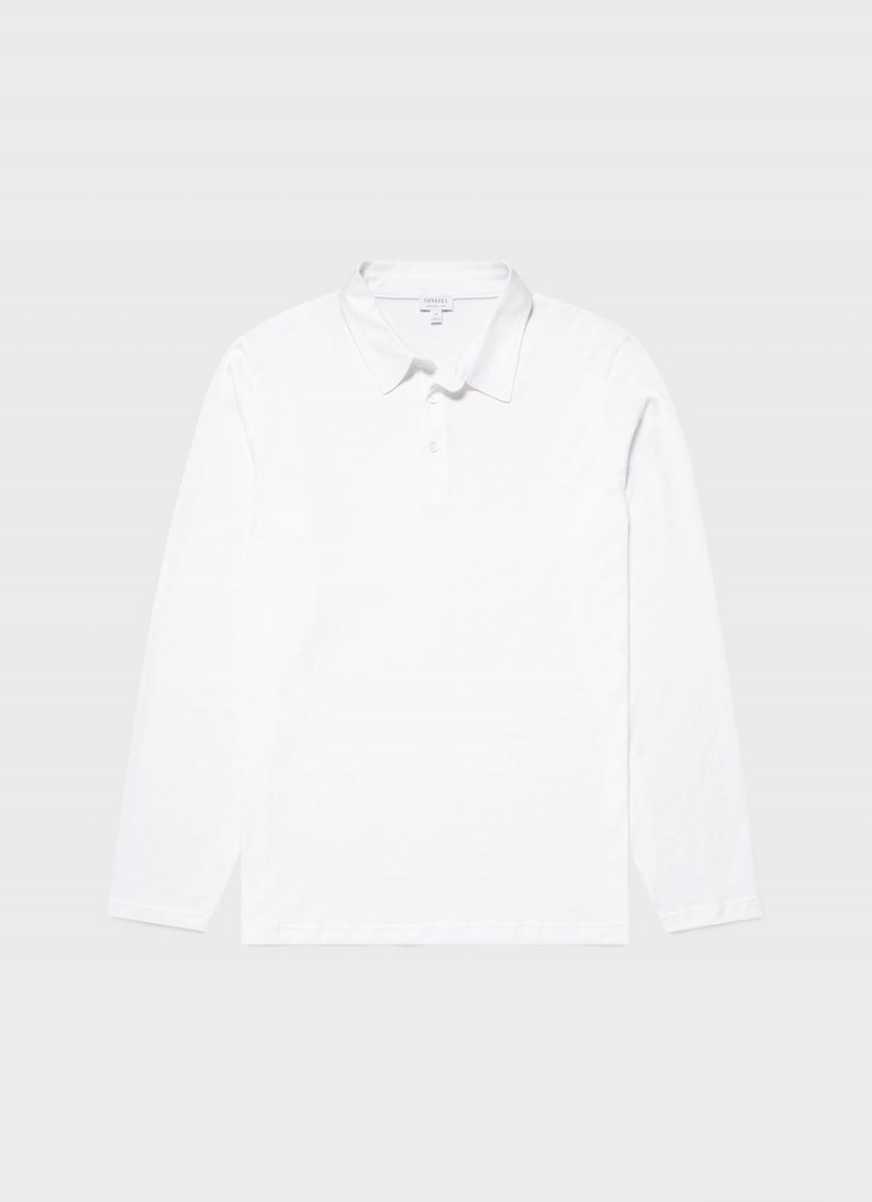 White Sunspel Long Sleeve Jersey Polo Shirt | 23175-WZIU | USA