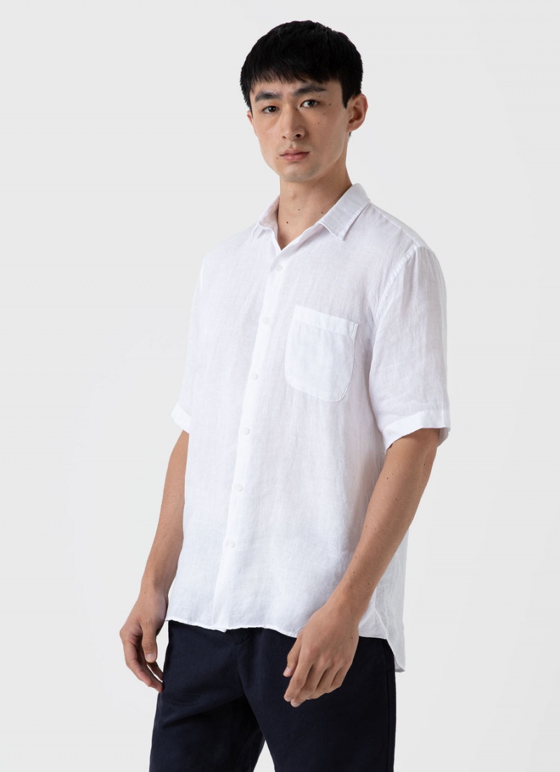 White Sunspel Short Sleeve Linen Shirt | 82041-ZUOQ | USA