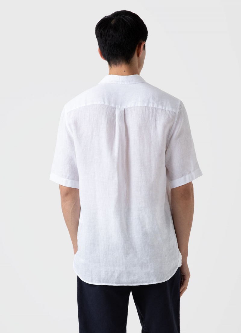 White Sunspel Short Sleeve Linen Shirt | 82041-ZUOQ | USA