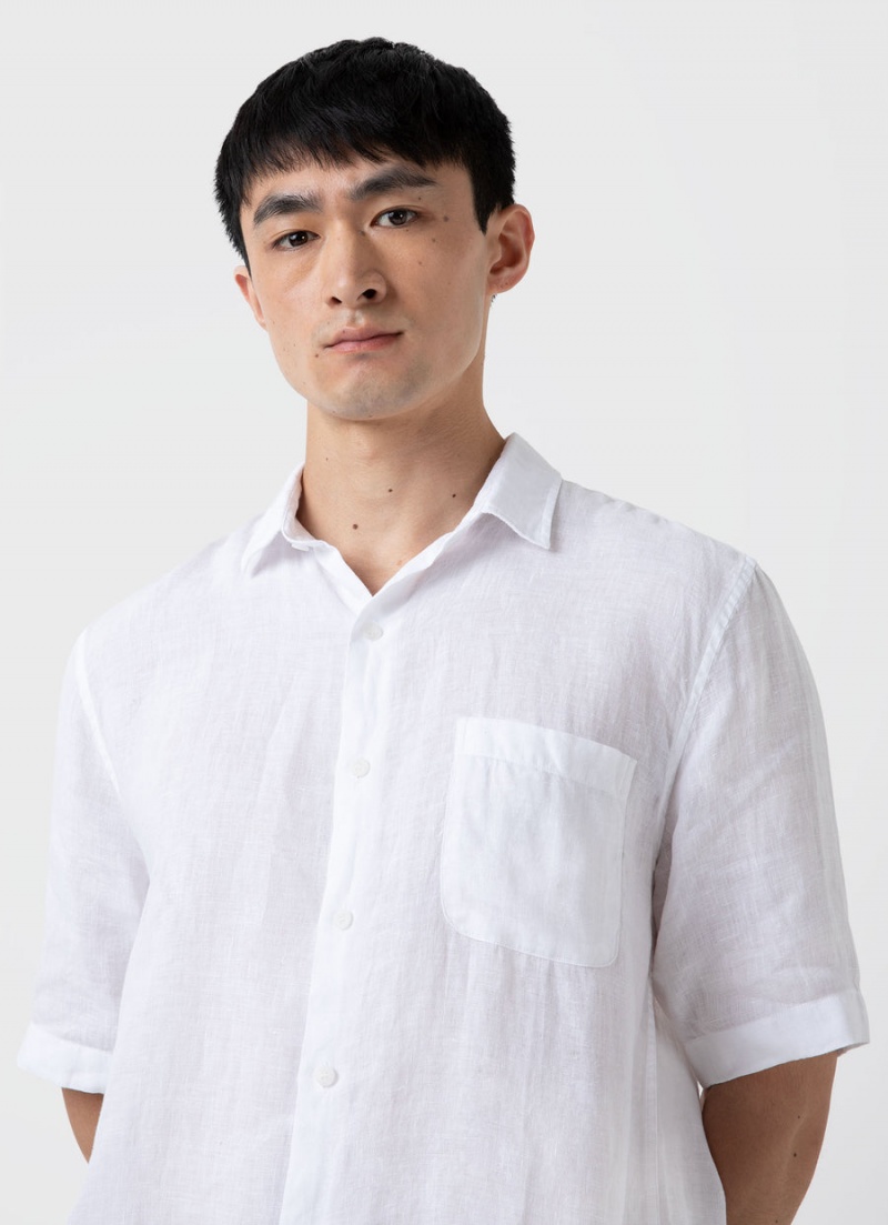 White Sunspel Short Sleeve Linen Shirt | 82041-ZUOQ | USA