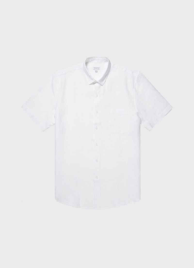 White Sunspel Short Sleeve Linen Shirt | 82041-ZUOQ | USA