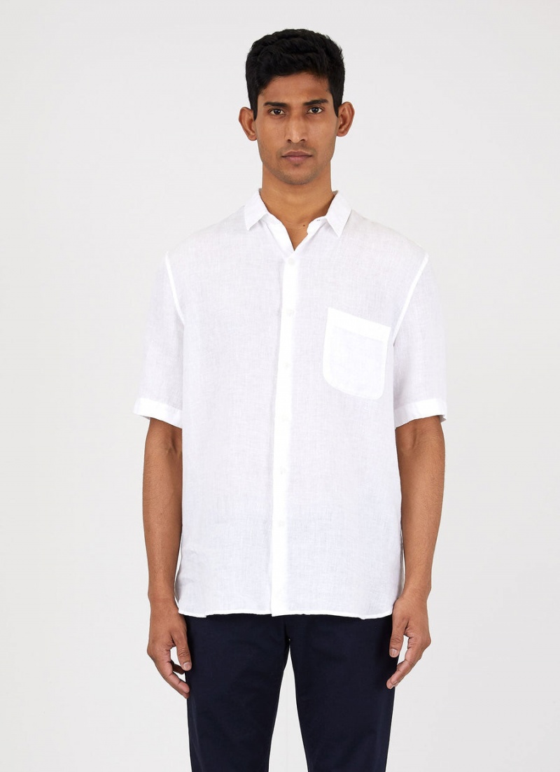 White Sunspel Short Sleeve Linen Shirt | 82041-ZUOQ | USA