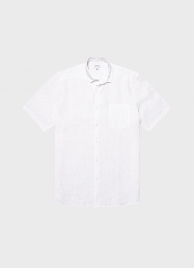 White Sunspel Short Sleeve Linen Shirt | 82041-ZUOQ | USA