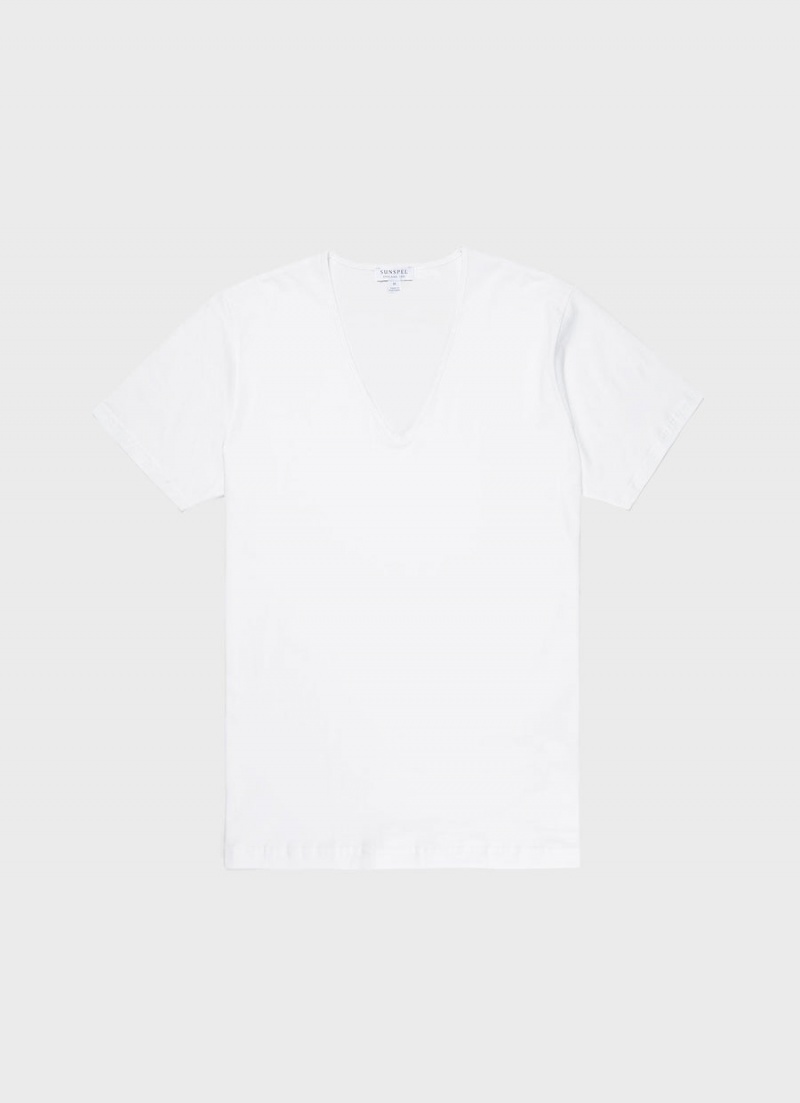 White Sunspel Superfine Cotton Underwear V‑Neck T-shirt | 41597-LMTI | USA