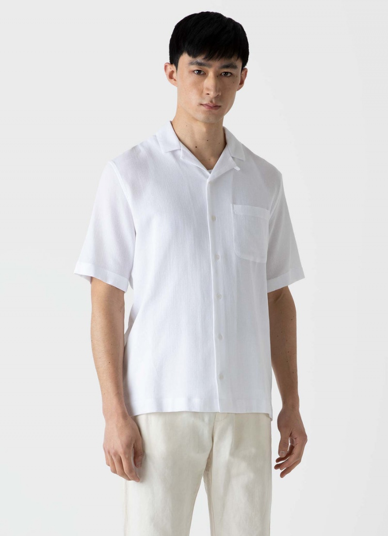 White Sunspel Waffle Camp Collar Shirt | 20365-JWVB | USA