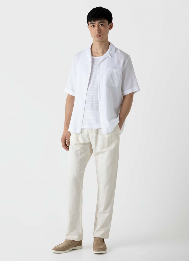 White Sunspel Waffle Camp Collar Shirt | 20365-JWVB | USA