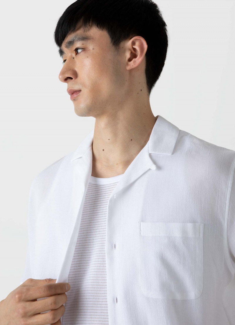 White Sunspel Waffle Camp Collar Shirt | 20365-JWVB | USA